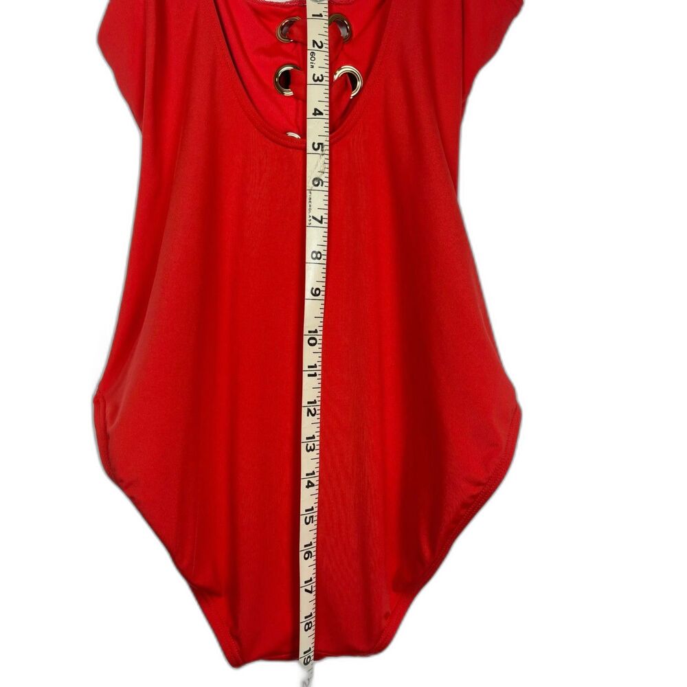 Michael Kors Lace Up Front One Piece Swimsuit Red Coral Grommet Monokini Sz 12 - Picture 7 of 10